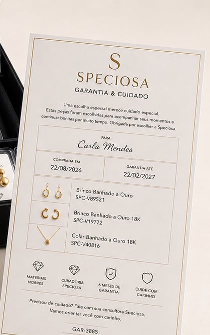 Certificado Speciosa de garantia e cuidado, com as peças e o número de registro